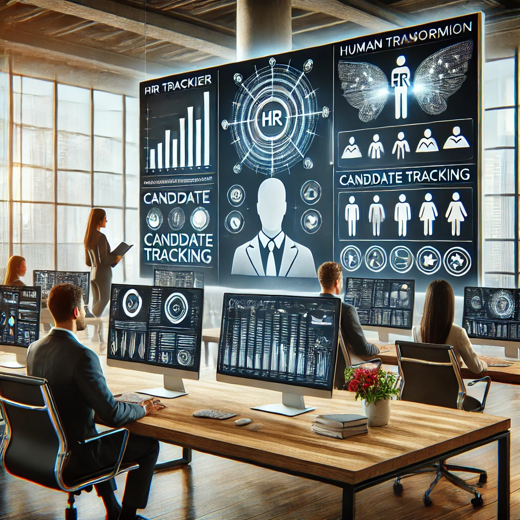 Un bureau moderne et lumineux où des professionnels des ressources humaines travaillent sur de grands écrans affichant des tableaux de bord organisés. L'interface du logiciel montre le suivi des candidatures et l'automatisation des tâches RH. L’ambiance est professionnelle, soulignant l’efficacité et la transformation digitale du secteur.