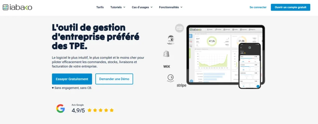 L’image présente la page d’accueil du site IABAKO, un logiciel de gestion d’entreprise destiné aux TPE. On y voit un slogan affirmant qu’il est l’outil le plus intuitif et abordable pour gérer les commandes, stocks, livraisons et facturation, accompagné d’un bouton d’essai gratuit et d’une note de 4,9/5 sur Google. Sur la droite, une tablette et un smartphone affichent l’interface du logiciel, avec des graphiques et indicateurs financiers, entourés des logos de plateformes intégrées comme WooCommerce, Shopify, Wix, Pennylane et Stripe.