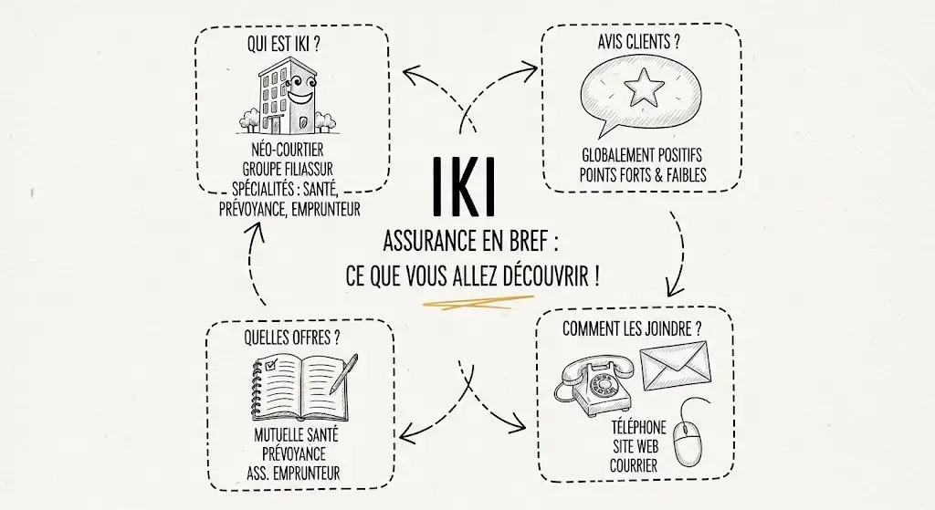 Infographie dessinée à la main, titrée "IKI Assurance en Bref : Ce que vous allez découvrir !". Quatre zones esquissées présentent : "Qui est IKI ?" (ses caractéristiques), "Avis Clients ?", "Quelles Offres ?", "Comment les Joindre ?". Chaque zone contient des icônes et des points clés textuels dans un style croquis clair et accessible.