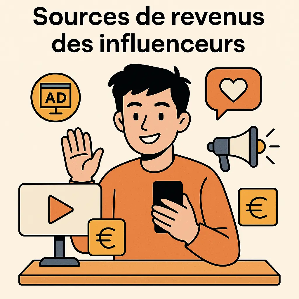 L’image montre un jeune influenceur souriant, assis à une table avec un smartphone en main. Autour de lui flottent des symboles simples et expressifs : un cœur, une pub, un euro, un mégaphone et un bouton “play”. En un clin d’œil, elle illustre qu’il gagne de l’argent grâce à sa présence sur les réseaux sociaux.