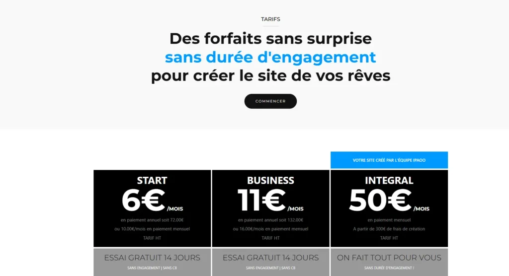 L’image présente la section "Tarifs" du site iPaoo avec le message central : "Des forfaits sans surprise, sans durée d'engagement, pour créer le site de vos rêves". Trois offres sont affichées : START à 6 €/mois, BUSINESS à 11 €/mois, et INTÉGRAL à 50 €/mois, cette dernière étant réalisée par l’équipe iPaoo. Chaque offre inclut un essai gratuit de 14 jours sans engagement.
