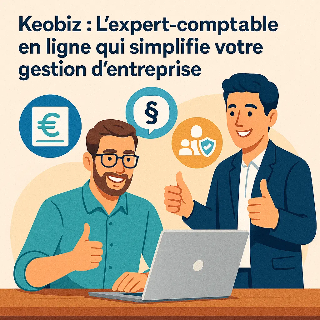 L’image montre un entrepreneur détendu, assis devant son ordinateur, échangeant avec un expert-comptable enthousiaste. Autour d’eux, des pictogrammes illustrent la gestion fiscale, sociale et juridique. L’ensemble dégage une ambiance positive, moderne et rassurante, qui donne envie d’en savoir plus sur Keobiz.
