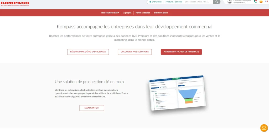 L'image montre la page d'accueil du site Kompass, une plateforme B2B dédiée à la prospection commerciale et au marketing. Elle affiche un slogan expliquant comment Kompass aide les entreprises à améliorer leurs performances grâce à des données et solutions innovantes. Plusieurs boutons permettent de réserver une démonstration, découvrir les solutions ou acheter un fichier de prospects, accompagnés d'une capture d'écran illustrant l'interface de prospection EasyBusiness.