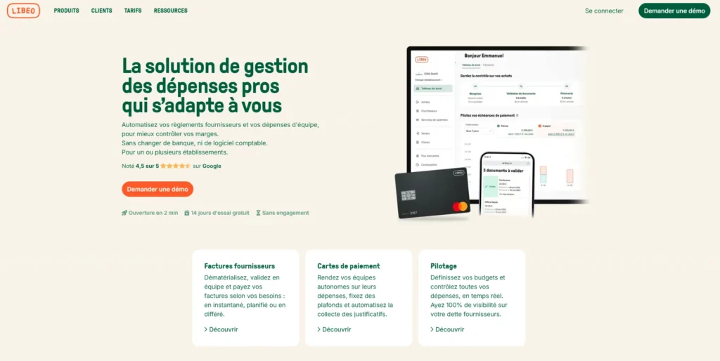 L’image est une capture d’écran du site de Libeo, une solution de gestion des dépenses pour les entreprises. On y voit un texte promotionnel expliquant que Libeo permet d'automatiser les paiements fournisseurs et les dépenses d'équipe, sans changer de banque ni de logiciel comptable. Sur la droite, une illustration montre l'interface de la plateforme sur un ordinateur et un smartphone, accompagnée d'une carte de paiement Libeo.
