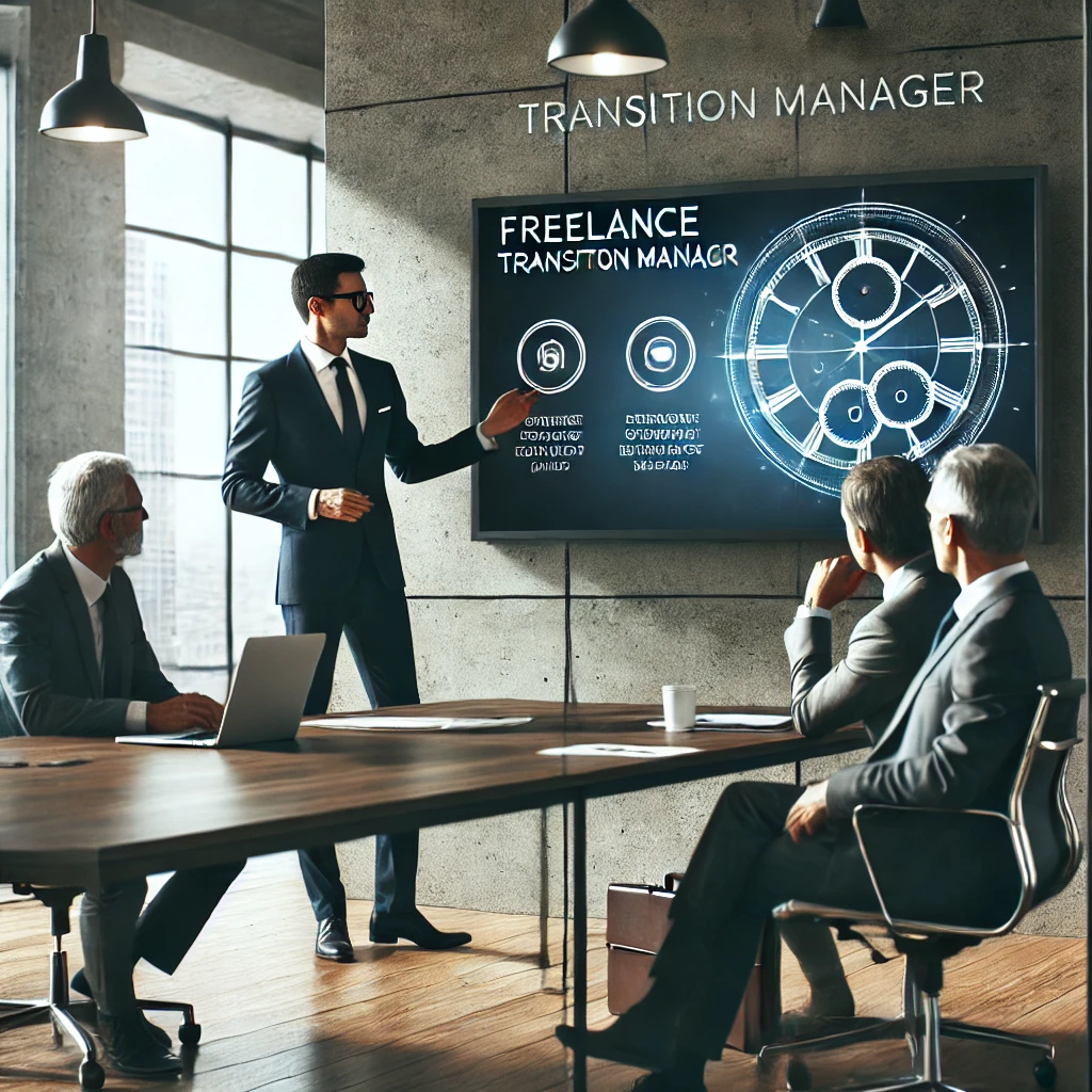 Un manager de transition freelance en costume, sûr de lui, présente une stratégie d'entreprise sur un grand écran dans une salle de réunion moderne. Autour de lui, plusieurs dirigeants attentifs écoutent et prennent des notes. L’ambiance est dynamique, reflétant l’expertise, la prise de décision et le leadership.