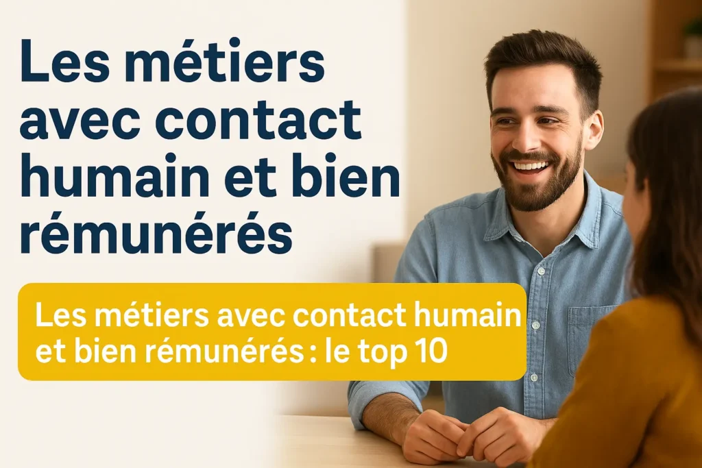 L’image montre deux personnes en pleine discussion dans un espace lumineux, reflétant une ambiance professionnelle et chaleureuse. Sur la gauche, un texte clair en français met en avant les métiers bien payés avec du contact humain. Le fond utilise des tons bleus et jaunes pour suggérer la confiance, la proximité et l’énergie.
