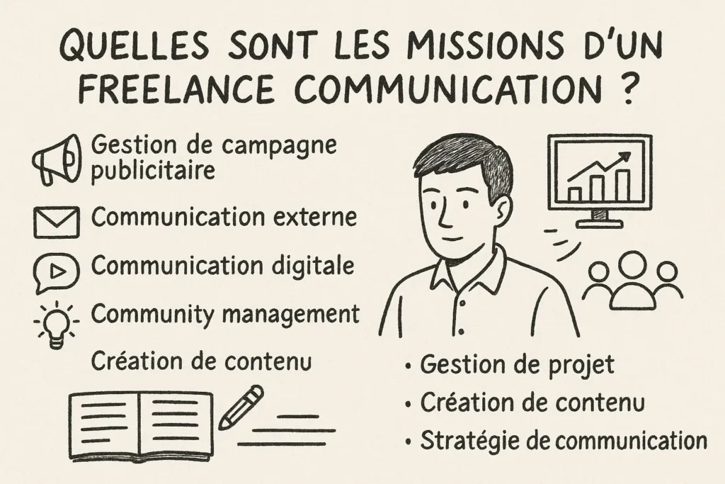 Une infographie dessinée à la main présente les principales missions d’un freelance communication : gestion de campagne publicitaire, communication externe, communication digitale, community management et création de contenu. Un homme souriant est représenté avec des icônes de graphique et d'équipe pour symboliser la gestion de projet, la création de contenu et la stratégie de communication.