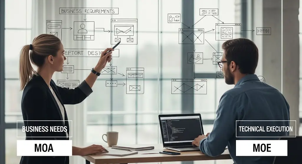 Deux professionnels, une femme et un homme, collaborent dans un bureau moderne devant un grand tableau en verre. Le tableau est couvert de schémas et de diagrammes complexes, illustrant la planification d'un projet informatique. La femme pointe un dessin sur le tableau, tandis que l'homme analyse des informations sur un ordinateur portable.