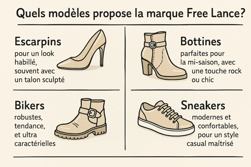 L’infographie illustre quatre styles de chaussures Free Lance : escarpins, bottines, bikers et sneakers. Chaque modèle est dessiné à la main avec son nom et une brève description en français. L’ensemble est clair, visuel et structuré en deux lignes pour faciliter la comparaison rapide.