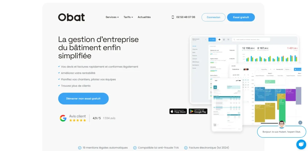 Il s'agit de la page d'accueil du site d'Obat, un logiciel de gestion pour les entreprises du bâtiment. L'interface met en avant ses fonctionnalités : devis et facturation, planification de chantiers et amélioration de la rentabilité, avec une note de 4,9/5 basée sur 1594 avis clients. Un bouton bleu invite à démarrer un essai gratuit, et des captures d'écran du logiciel illustrent son interface intuitive.