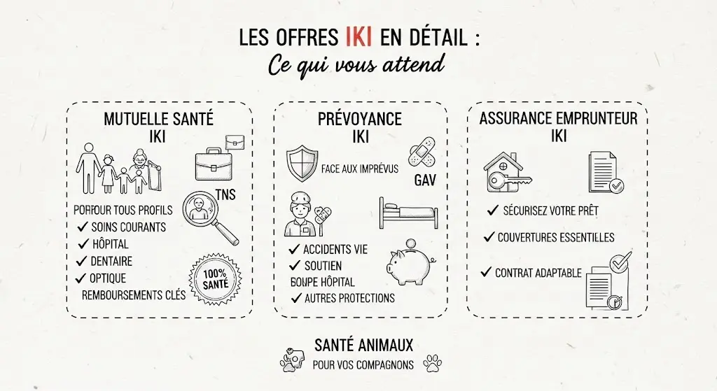 Infographie style carnet de notes, titrée "Les Offres IKI en Détail : Ce qui vous attend". Trois zones principales illustrent avec des dessins et textes : "Mutuelle Santé IKI", "Prévoyance IKI", et "Assurance Emprunteur IKI". Chaque section détaille les cibles, garanties et points clés des produits avec des icônes esquissées claires.