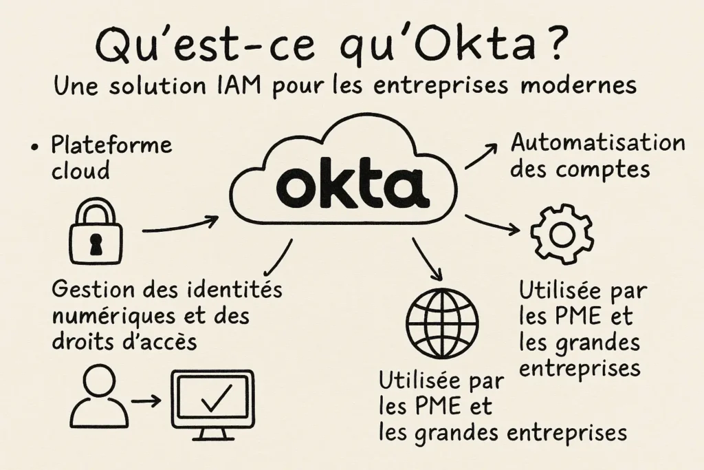 L’image montre un croquis dessiné à la main avec un nuage “Okta” au centre. Autour, des pictogrammes illustrent les fonctions clés : plateforme cloud, gestion des identités, automatisation des comptes, et adoption par les entreprises. C’est une synthèse visuelle rapide qui explique clairement à quoi sert Okta.