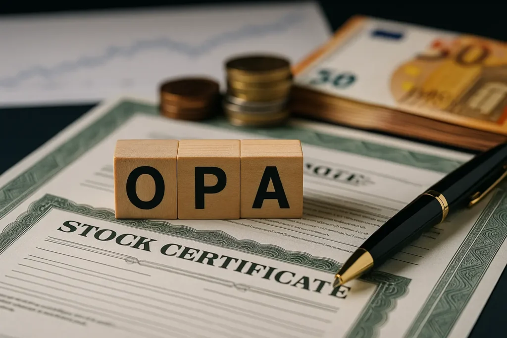 Des blocs en bois affichant "OPA" sont posés sur un certificat d’actions. À l’arrière-plan, des billets d’euros, des pièces empilées et un graphique flou évoquent l’univers financier. Un stylo doré complète la scène, claire et lisible dès le premier regard.