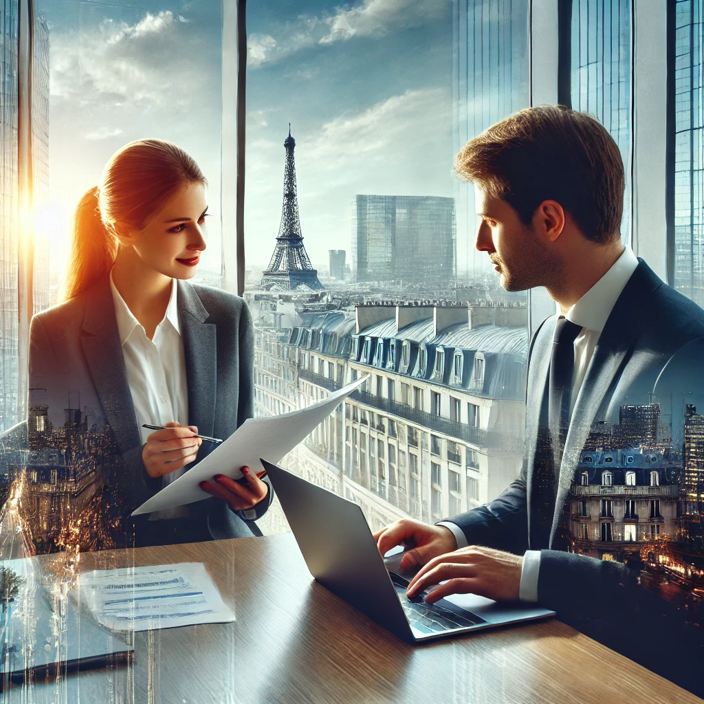 Voici l'image illustrant le portage salarial à Paris : un professionnel travaillant dans un espace de coworking moderne, avec une consultante en discussion avec un représentant d'une société de portage. L'ambiance reflète la flexibilité et la sécurité de ce mode de travail.