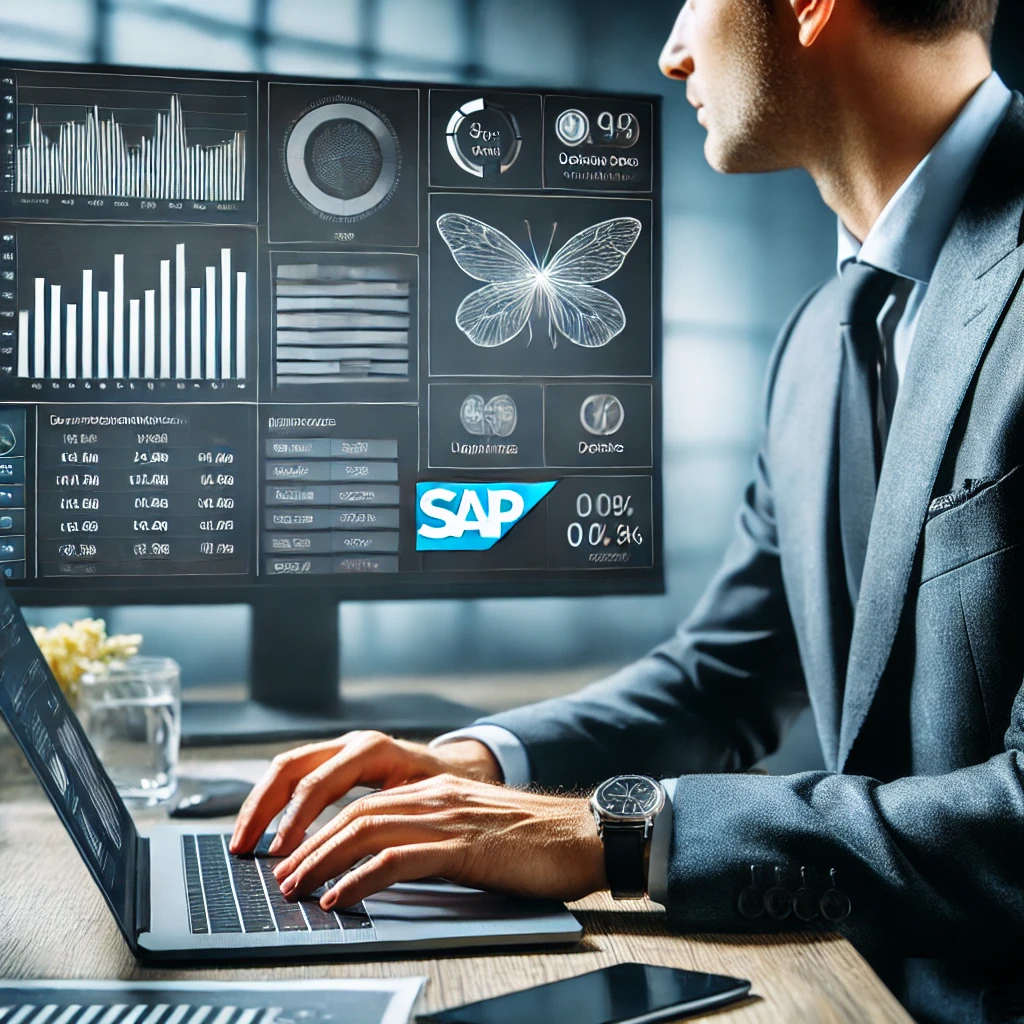 Un consultant professionnel est assis à son bureau, en train de travailler sur un ordinateur portable affichant un logiciel SAP. Il porte un costume et semble concentré, tandis qu’un grand écran derrière lui affiche des graphiques financiers et des tableaux de gestion. L’image dégage une ambiance de sérieux, de technologie et d’efficacité dans un cadre de bureau moderne.