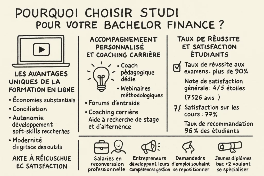 L’infographie présente un ordinateur portable pour illustrer les avantages du format en ligne (économies, autonomie, modernité). Une ampoule symbolise l’accompagnement personnalisé (coach, webinaires, forums, aide stage). À droite, un tableau met en avant les taux de réussite (+90%), satisfaction (4/5, 7526 avis) et recommandation (96%). En bas, des icônes montrent les profils types : salariés, entrepreneurs, demandeurs d’emploi et jeunes diplômés.