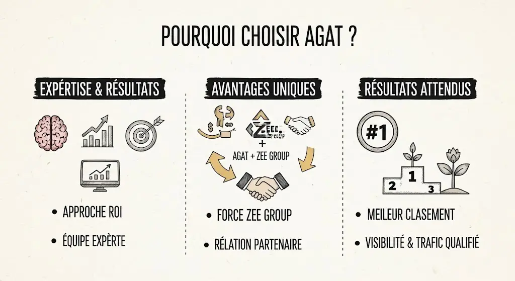 Infographie style croquis, dessinée à la main, qui répond à la question "Pourquoi Choisir AGAT ?". Elle présente trois raisons principales : l'expertise axée sur les résultats, les avantages uniques comme la synergie avec Zee Group, et les résultats concrets attendus. Des icônes esquissées (cerveau, podium, mains serrées, plante en croissance) illustrent chaque argument de manière claire.