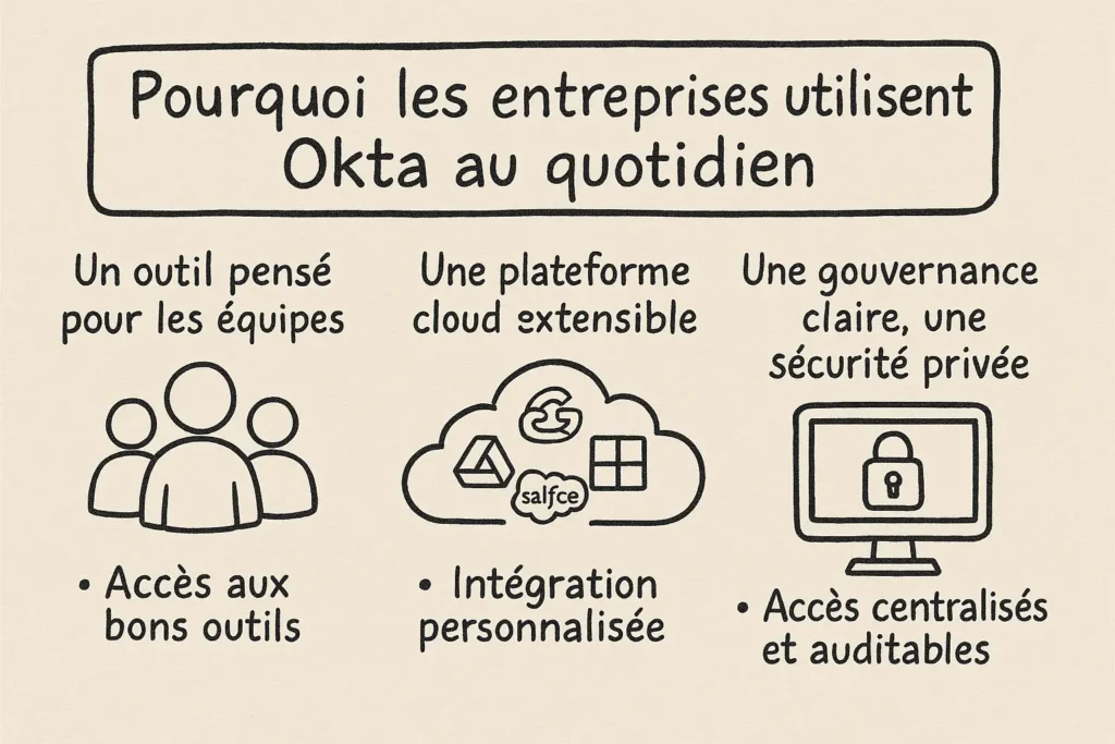 L’image illustre trois raisons principales pour lesquelles les entreprises utilisent Okta au quotidien. À gauche, une icône d’équipe symbolise l’accès simplifié aux bons outils ; au centre, un nuage connecté à différents logos représente la flexibilité de la plateforme cloud ; à droite, un écran verrouillé évoque une gouvernance centralisée et sécurisée.