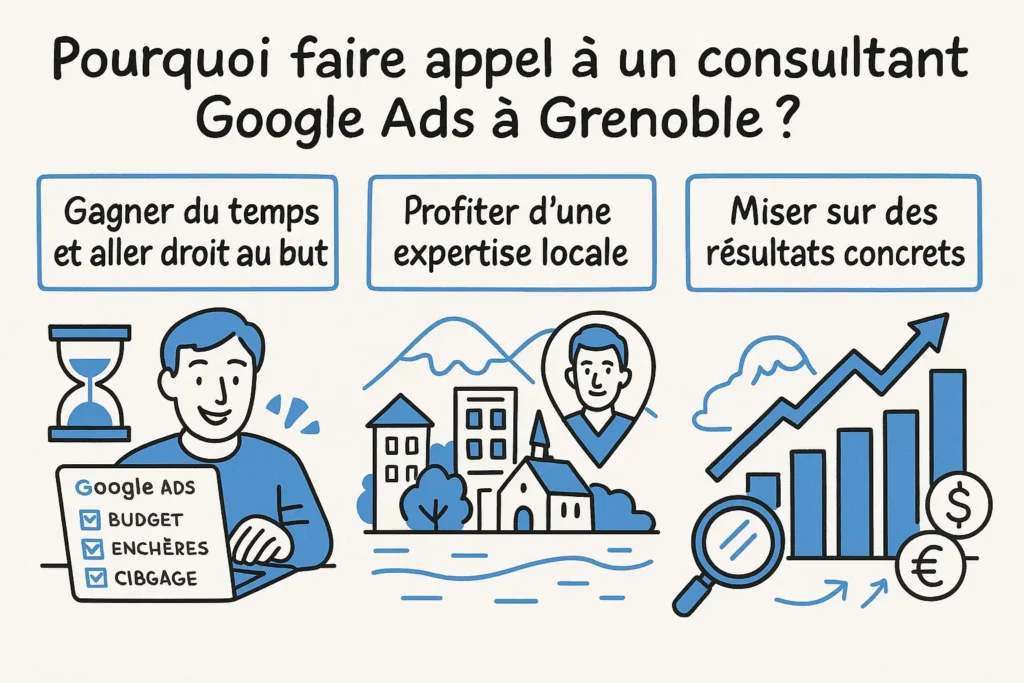 Une infographie dessinée à la main, en format 16:9, divisée en trois parties visuelles : un consultant devant un écran avec les mots "budget", "enchères", "ciblage" pour illustrer le gain de temps ; un paysage de Grenoble avec un personnage géolocalisé pour l’expertise locale ; et un graphique en hausse avec des pièces et une loupe pour symboliser les résultats concrets. L'ensemble est clair, aéré et immédiatement compréhensible.
