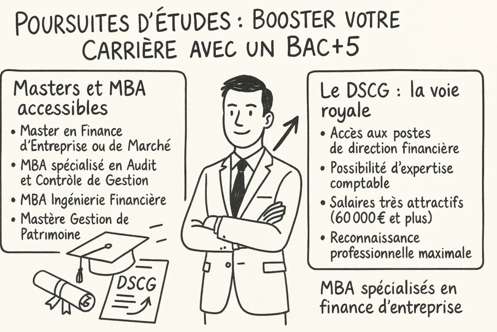 L’infographie montre un étudiant en costume, confiant, entouré de deux blocs d’informations. À gauche, une liste de masters et MBA accessibles (finance, audit, ingénierie financière, gestion de patrimoine) accompagnée d’un chapeau de diplômé. À droite, un encadré détaille les avantages du DSCG : postes de direction, expertise comptable, salaires élevés, reconnaissance professionnelle.