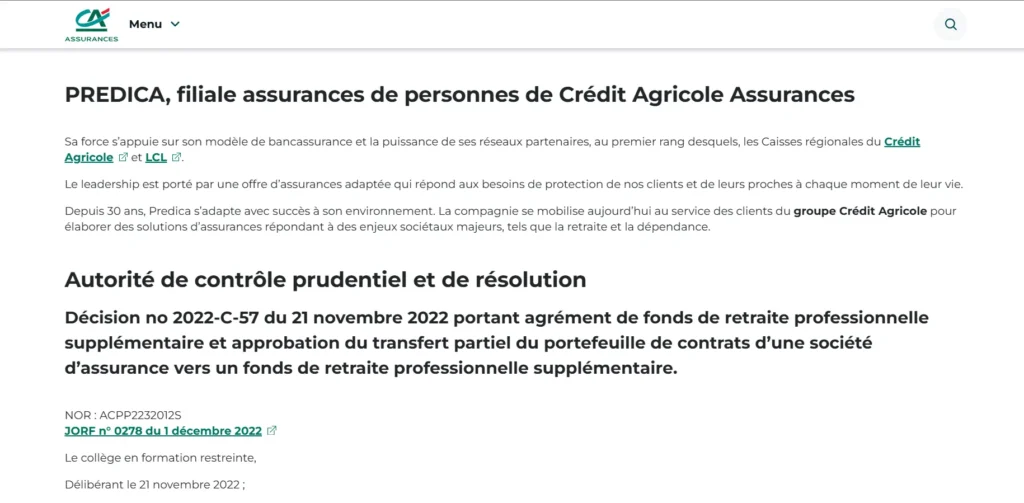 L’image montre une page du site de Crédit Agricole Assurances présentant Predica, sa filiale spécialisée dans les assurances de personnes. Le texte met en avant son modèle de bancassurance, ses partenaires comme LCL et les Caisses régionales du Crédit Agricole, ainsi que son engagement envers la protection des clients et les enjeux sociétaux. Plus bas, une section aborde une décision de l’Autorité de contrôle prudentiel et de résolution (ACPR) concernant l’agrément d’un fonds de retraite professionnelle.