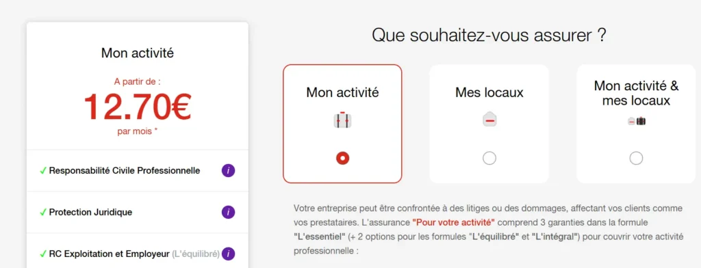 Cette image présente les options d’assurance pro Hiscox à partir de 12,70 € par mois. L’offre de base inclut la responsabilité civile, la protection juridique et une option RC employeur. L'utilisateur peut choisir d'assurer son activité, ses locaux ou les deux.