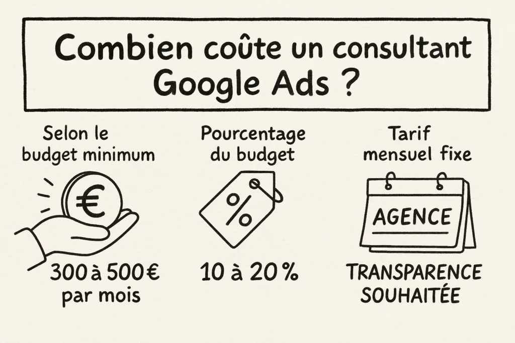 Une infographie en noir et blanc affiche trois modes de tarification : une main tenant une pièce pour un budget minimum de 300 à 500 €/mois, une étiquette avec un pourcentage de 10 à 20 %, et un panneau d’agence soulignant l’importance de la transparence. L’ensemble est clair, dessiné à la main sur fond texturé beige.
