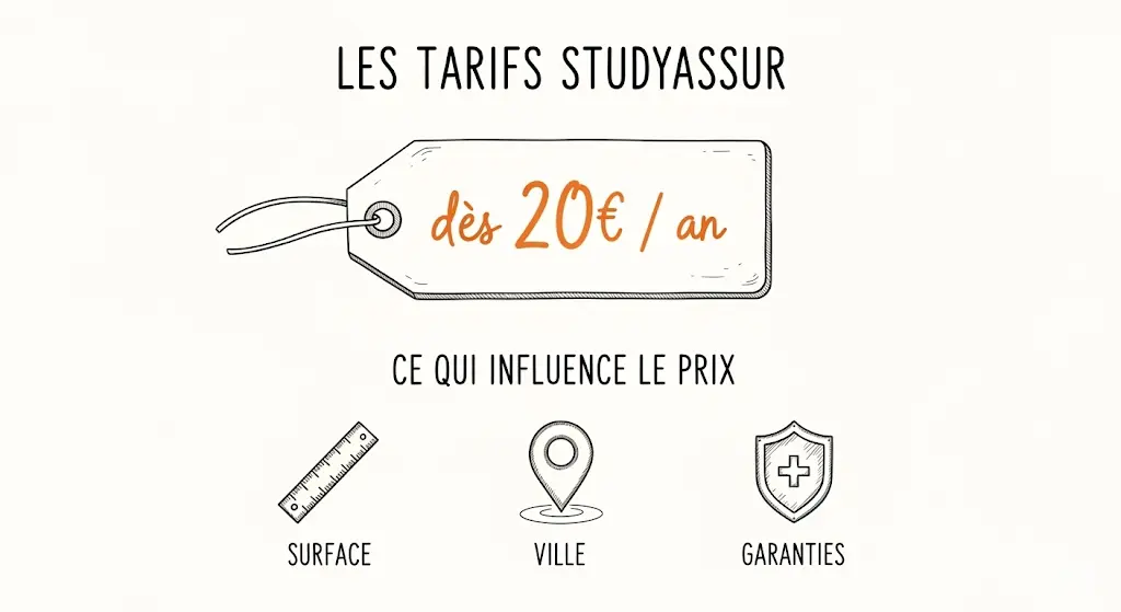 Une infographie dessinée à la main montre les tarifs de Studyassur. Une grande étiquette de prix indique "dès 20€ / an", et trois icônes illustrent les facteurs de prix. Le style est épuré pour mettre en avant le tarif accessible et les éléments qui l'influencent.