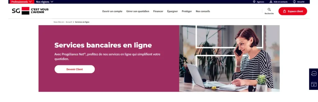 L’image présente une page du site de la Société Générale dédiée aux services bancaires en ligne pour les professionnels. Sur la gauche, un encart rouge affiche le message : "Avec Progéliance Net, profitez de nos services en ligne qui simplifient votre quotidien", avec un bouton "Devenir Client". À droite, une femme est assise devant un ordinateur, téléphone à l’oreille, semblant gérer ses comptes en ligne.