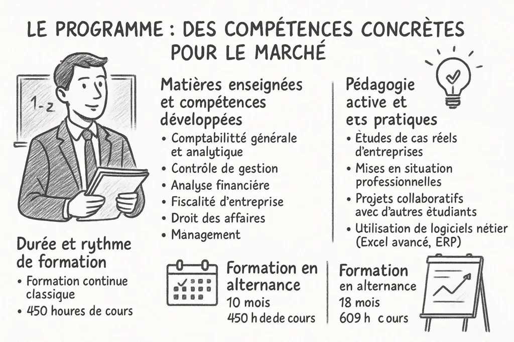 L’infographie montre un étudiant en costume tenant des dossiers, avec à gauche les matières enseignées (comptabilité, gestion, analyse financière, droit, management). À droite, une ampoule illustre la pédagogie active (cas pratiques, projets, logiciels). En bas, des icônes de calendrier et tableau représentent les deux formats : 10 mois (450h) ou 18 mois (609h).