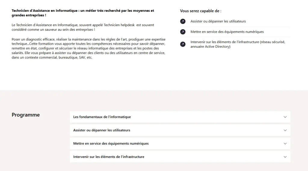 L’image montre une section de la page de la formation Studi, présentant le métier de technicien d’assistance en informatique comme très recherché. Elle précise les compétences acquises : assistance aux utilisateurs, mise en service d’équipements numériques et intervention sur l’infrastructure. En bas, le programme se divise en quatre parties : les fondamentaux de l’informatique, assistance utilisateur, mise en service, et infrastructure réseau.