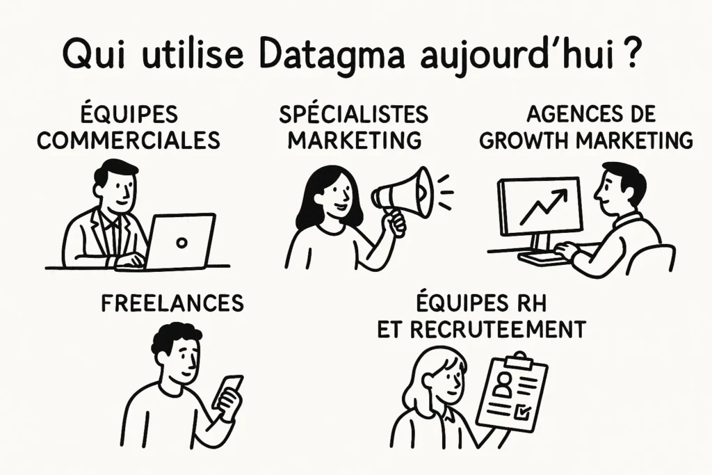 L’image représente cinq types d’utilisateurs de Datagma, chacun illustré par un personnage : une équipe commerciale, un marketeur avec un mégaphone, un analyste en growth marketing, un freelance avec son téléphone, et une RH avec une fiche de profil. Chaque groupe est bien identifié par une étiquette claire en majuscules.