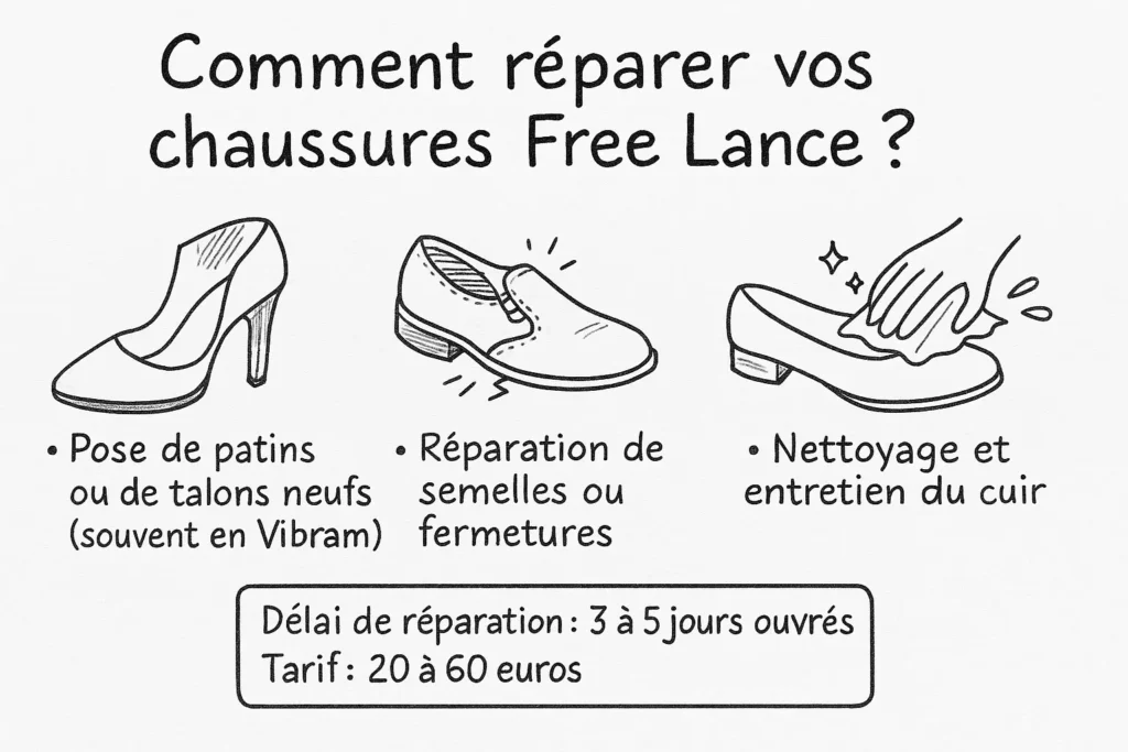L’infographie représente trois réparations possibles de chaussures Free Lance : talons ou patins neufs, réparation de semelles ou fermetures, nettoyage du cuir. Chaque action est illustrée par un dessin simple. En bas, une bulle précise le délai moyen (3 à 5 jours) et la fourchette de prix (20 à 60 €).