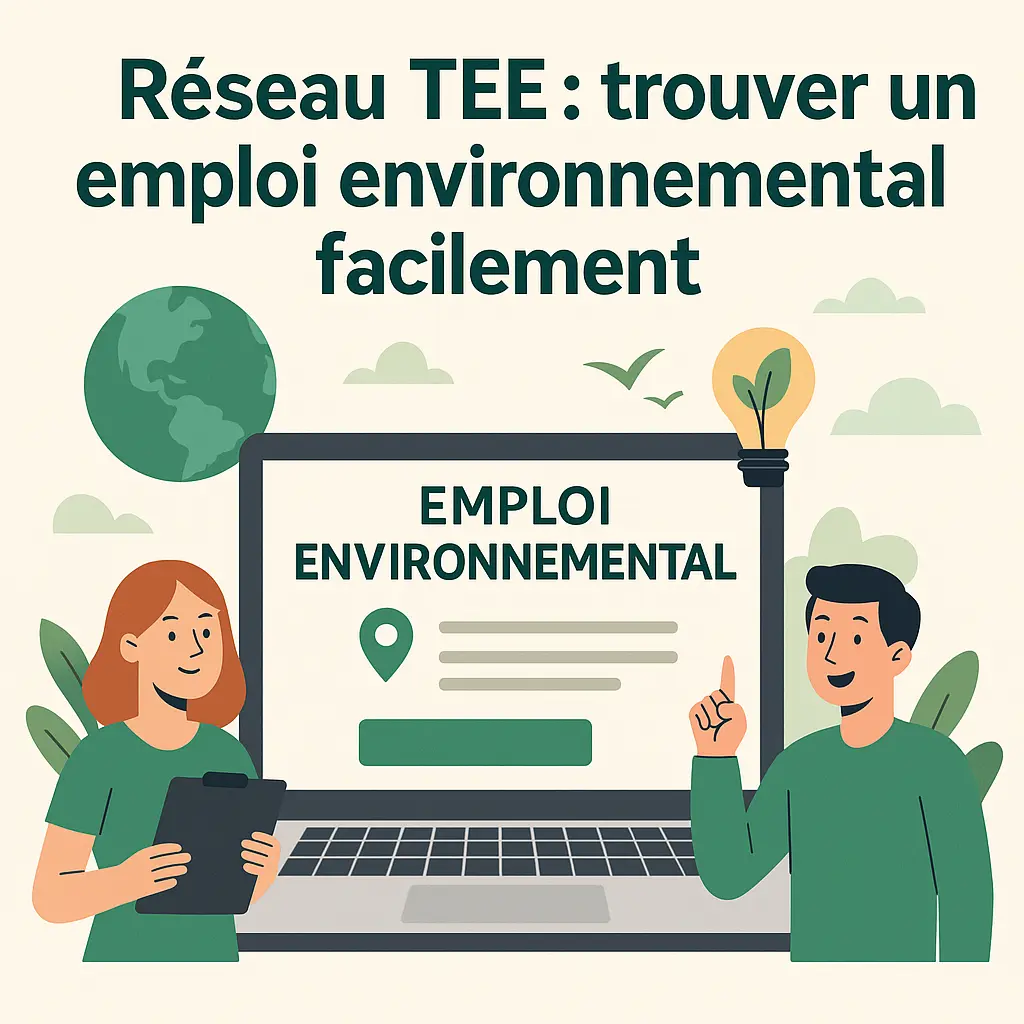 Illustration numérique colorée montrant deux jeunes debout autour d’un ordinateur affichant une page de recherche d’emploi. Autour d’eux, des symboles liés à l’écologie comme une plante verte et une Terre stylisée. L’ambiance est positive, fraîche et dynamique, invitant à explorer des opportunités engagées.