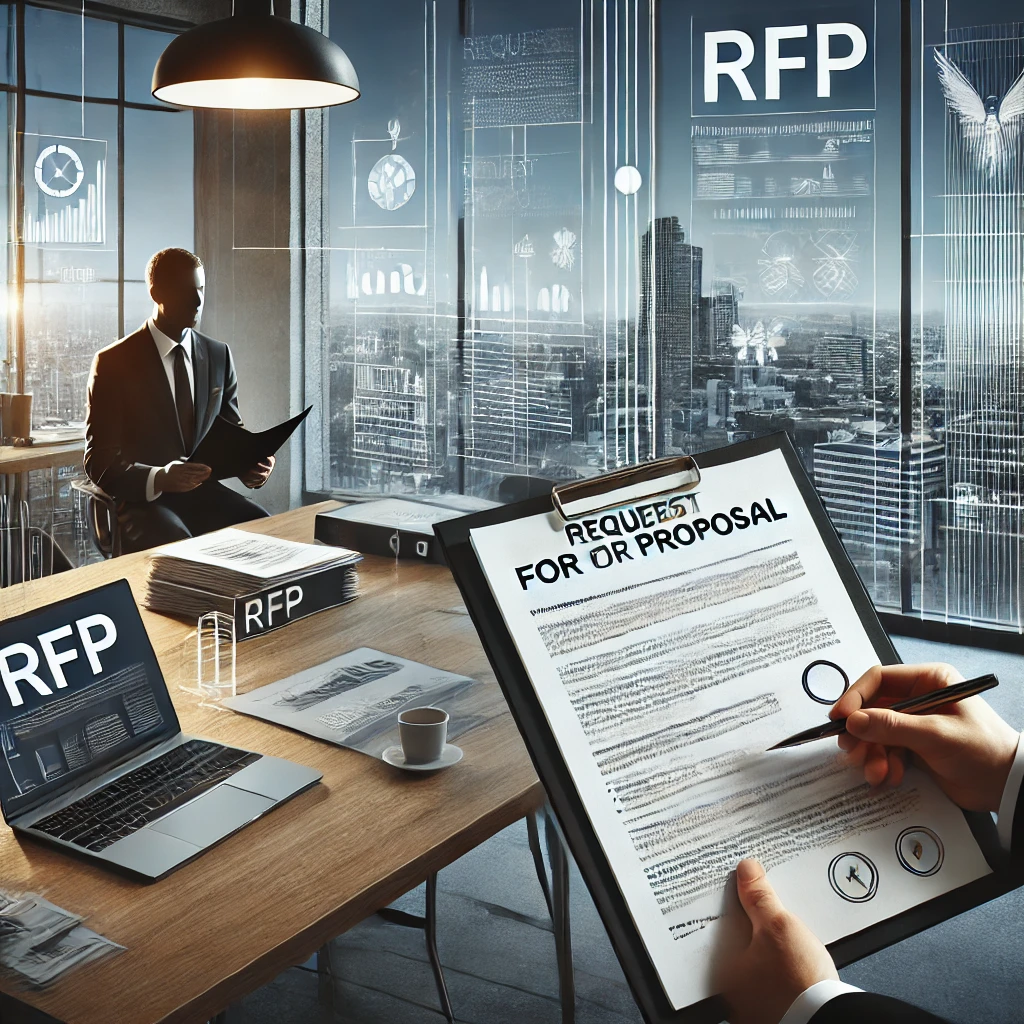L'image représente une scène professionnelle où un responsable examine un document intitulé "RFP" sur un bureau moderne. L'environnement comprend un ordinateur portable, des papiers bien ordonnés et une grande fenêtre laissant apparaître une vue urbaine. L'ambiance évoque l'organisation et la clarté dans un cadre de travail collaboratif.