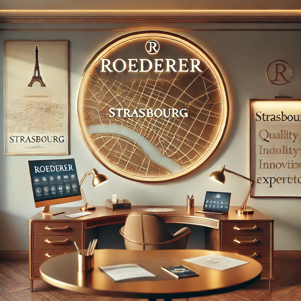 L'image représente un bureau élégant et moderne dédié à Roederer. Une carte de Strasbourg orne le mur, et un bureau épuré présente des outils comme une tablette, un ordinateur portable, et des documents. Le nom "Roederer" est subtilement intégré à l’espace, reflétant innovation, confiance et un service orienté client.