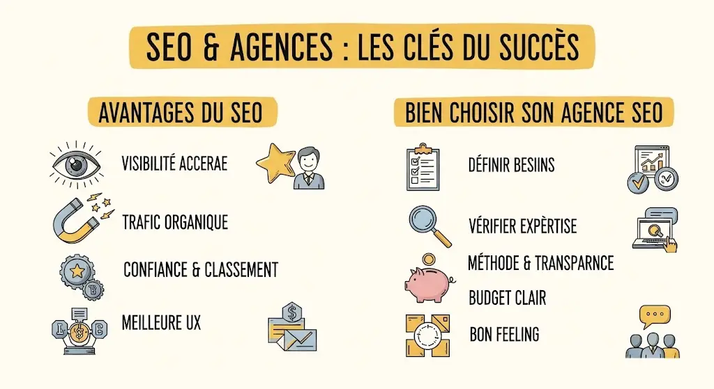 Infographie style croquis, intitulée "SEO & Agences : Les Clés du Succès", qui explique les bénéfices du SEO et comment bien sélectionner son agence. Une partie illustre les avantages du SEO (visibilité, trafic, confiance, expérience utilisateur) et l'autre les critères de choix d'une agence (définition des besoins, expertise, méthode, budget, relationnel). Des icônes esquissées (œil, checklist, loupe, tirelire) accompagnent chaque point pour une compréhension simple et didactique.