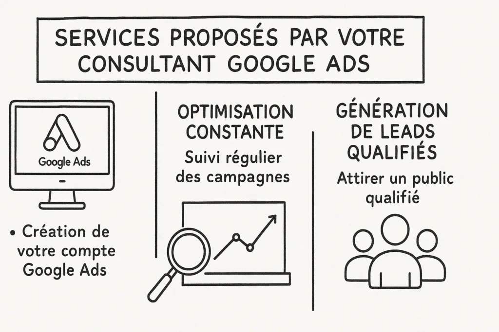 L’infographie montre trois blocs dessinés à la main : création de compte Google Ads, optimisation continue avec une loupe sur un graphique, et génération de leads avec trois silhouettes. Chaque bloc est accompagné d’un mot-clé clair et concis. Le style épuré attire l’attention sur les actions concrètes du consultant.