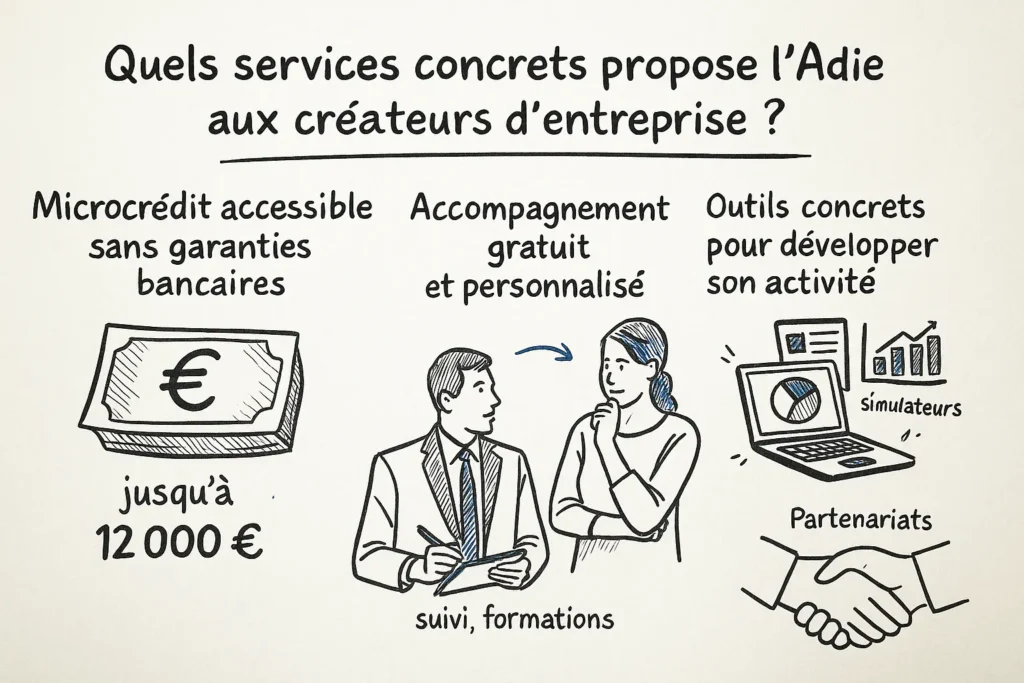 L’infographie présente trois blocs clairs : un billet illustrant un microcrédit jusqu’à 12 000 € sans garantie, un échange entre deux personnes pour l’accompagnement personnalisé, et un ordinateur avec des graphiques et une poignée de main pour les outils et partenariats. L’ensemble est dessiné à la main, simple et facile à comprendre.