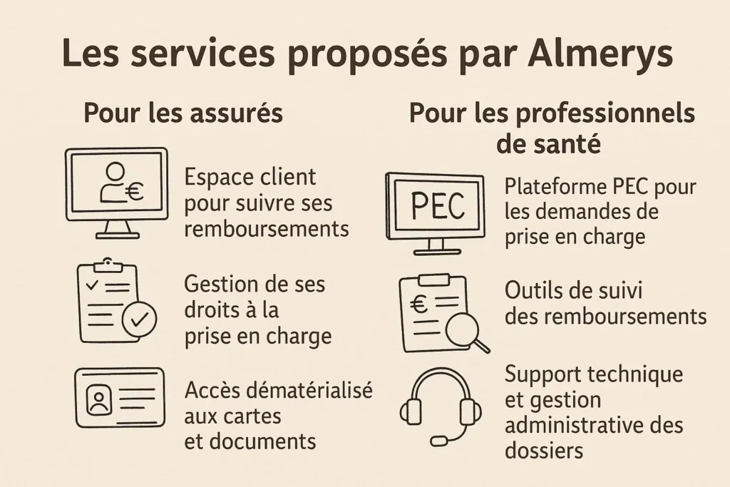 Deux colonnes illustrées présentent les services d’Almerys : à gauche ceux pour les assurés (remboursements, droits, documents), à droite ceux pour les professionnels (PEC, remboursements, support). Chaque point est accompagné d’un dessin simple : écran, carte, formulaire, casque audio. L’ensemble est clair, structuré et facile à lire en deux secondes.