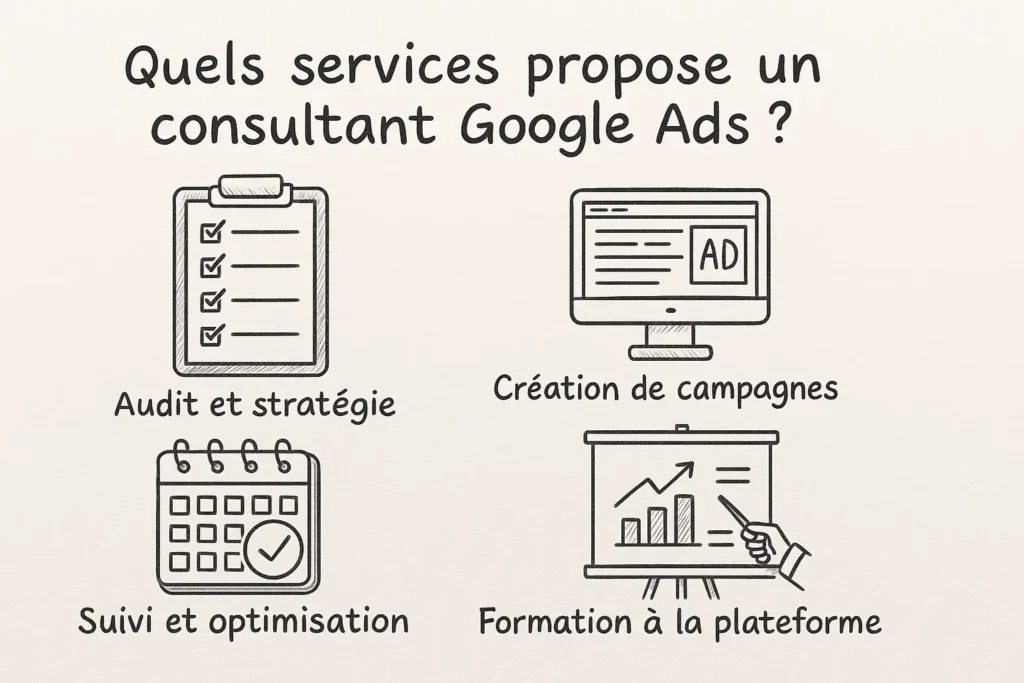 L’image présente une infographie à la main, divisée en quatre zones : un clipboard pour l’audit et la stratégie, un écran d’ordinateur avec une pub pour la création de campagnes, un calendrier avec un check pour le suivi et l’optimisation, et un tableau de formation avec flèche et graphique. L’ensemble est clair, épuré, et lisible en une seconde.