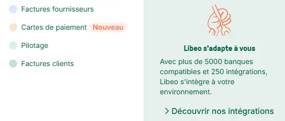 L’image présente une liste des services proposés par Libeo, incluant la gestion des factures fournisseurs et clients, le pilotage financier et une nouveauté : les cartes de paiement. Un encart indique que Libeo est compatible avec plus de 5000 banques et 250 intégrations. Un lien invite à découvrir les intégrations disponibles.