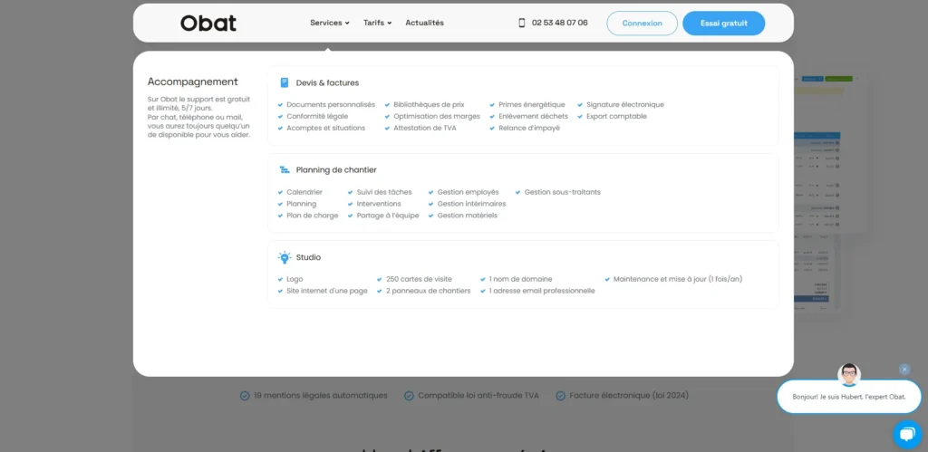 L'image montre une fenêtre pop-up sur le site d'Obat présentant ses services. Elle détaille trois catégories : "Devis & factures" (outils de gestion comptable et administrative), "Planning de chantier" (gestion des tâches, employés et matériel) et "Studio" (création de logo, site internet et supports marketing). Un encart à gauche mentionne un support client gratuit et illimité 5j/7.