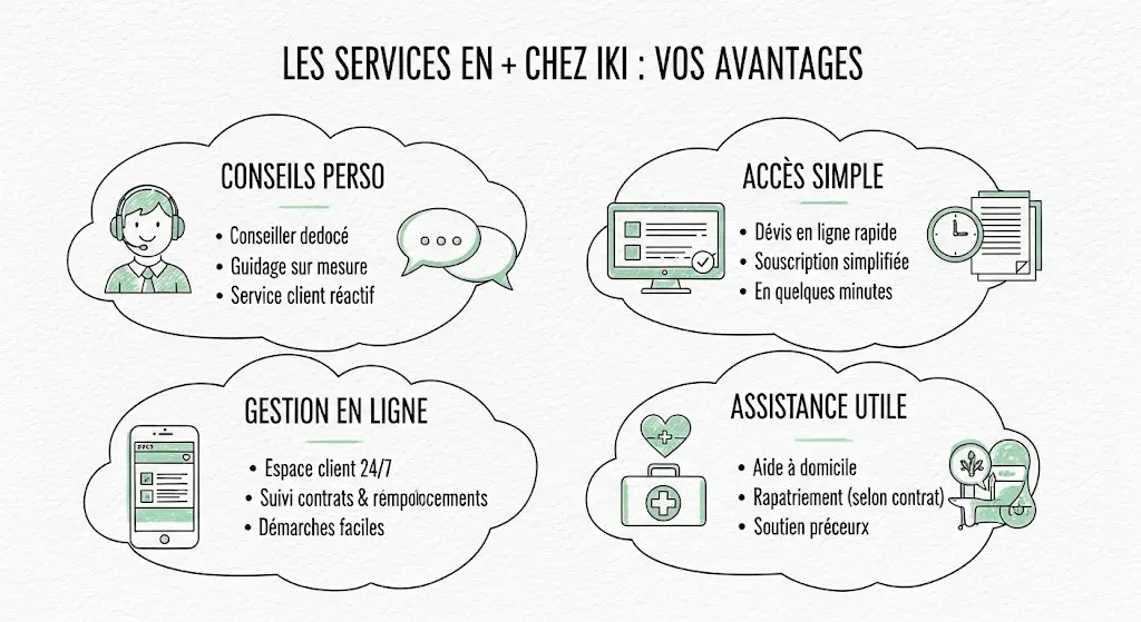 Infographie style croquis, titrée "Les Services en + chez IKI : Vos Avantages". Quatre zones illustrées en bulles : "Conseils Perso", "Accès Simple" (devis/souscription), "Gestion en Ligne", "Assistance Utile". Chaque partie combine des icônes dessinées et des points clés textuels, soulignant les bénéfices pour le client.
