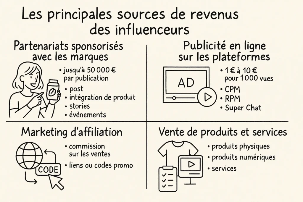 L’image est une infographie dessinée à la main présentant les quatre principales sources de revenus des influenceurs : partenariats sponsorisés, publicité en ligne, marketing d’affiliation et vente de produits ou services. Chaque source est représentée dans un encadré avec une illustration simple et des points clés. Les visuels incluent une influenceuse tenant un produit, un écran de pub, un globe avec une flèche et un t-shirt avec écran et liste.