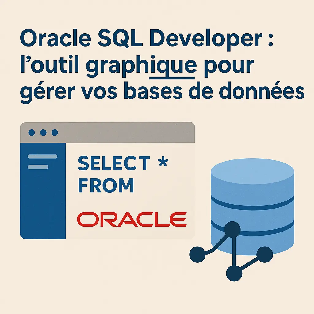 Illustration numérique montrant une interface de type éditeur SQL affichant la commande "SELECT * FROM" suivie du logo Oracle. À droite, une icône de base de données bleue avec des connexions en réseau symbolise la gestion des données. L’image est sur fond beige avec du texte bleu foncé pour une lecture claire.
