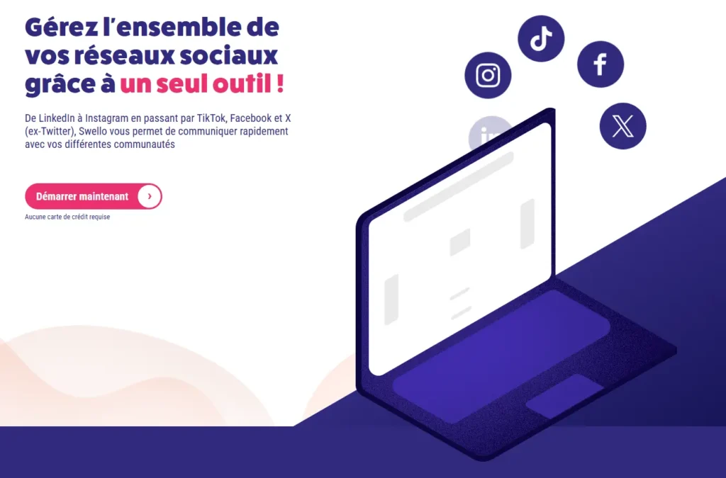 L'image présente une promotion de Swello, un outil de gestion des réseaux sociaux. À gauche, un texte en gras annonce la possibilité de gérer tous ses réseaux sociaux avec un seul outil, suivi d'une courte description des plateformes compatibles (LinkedIn, Instagram, TikTok, Facebook et X). À droite, une illustration stylisée montre un ordinateur portable, avec des icônes de réseaux sociaux flottant au-dessus, représentant l'intégration multi-plateforme. Un bouton rose incite à démarrer sans carte de crédit requise.