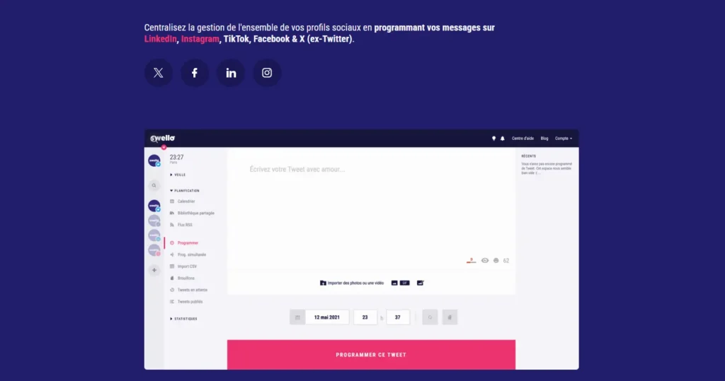 L’image montre une interface de l'outil Swello pour la gestion des réseaux sociaux. En haut, un texte indique que la plateforme permet de programmer des messages sur LinkedIn, Instagram, TikTok, Facebook et X (ex-Twitter). L’écran principal affiche une interface de planification de publications, avec un menu à gauche proposant des options comme calendrier, bibliothèque partagée, brouillons et statistiques, et un bouton rose en bas pour programmer un tweet.