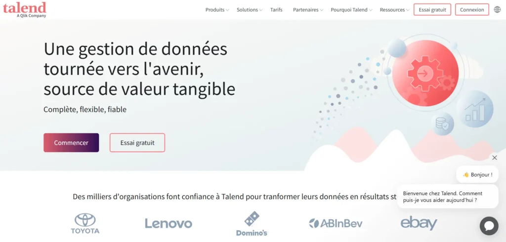 Cette image montre la page d'accueil de Talend, une entreprise spécialisée dans la gestion des données. Le slogan met en avant une gestion des données tournée vers l'avenir, avec des solutions complètes, flexibles et fiables. En bas, plusieurs logos d'entreprises comme Toyota, Lenovo et eBay témoignent de la confiance accordée à Talend.