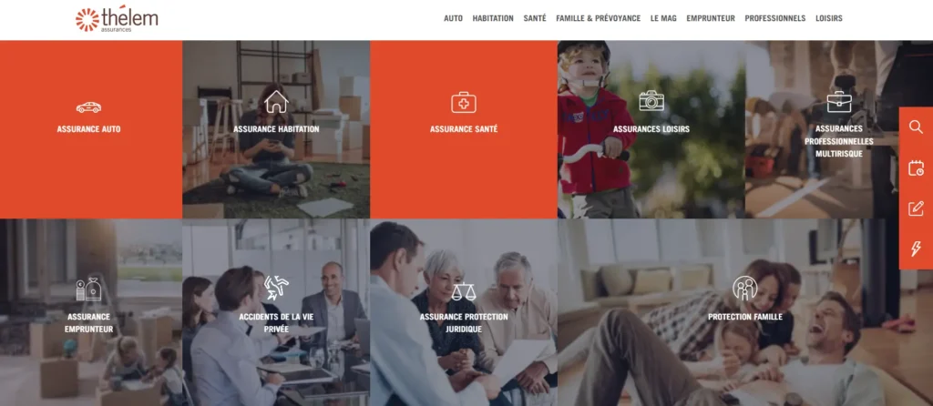 L’image montre la page d’accueil du site de Thélem Assurances, avec un design en mosaïque mettant en avant différents types d’assurances. Chaque section représente une catégorie, comme l’assurance auto, habitation, santé, loisirs, professionnelle, emprunteur, accidents de la vie privée, protection juridique et protection famille. Certaines cases sont en rouge vif avec des icônes blanches, tandis que d’autres affichent des photos illustrant des scènes de vie correspondant aux assurances proposées. En haut de la page, un menu permet de naviguer entre les différentes rubriques, et une barre latérale rouge sur la droite contient des icônes interactives.